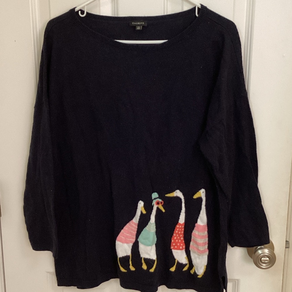 Talbots Black Crewneck Sweater with Colorful Geese